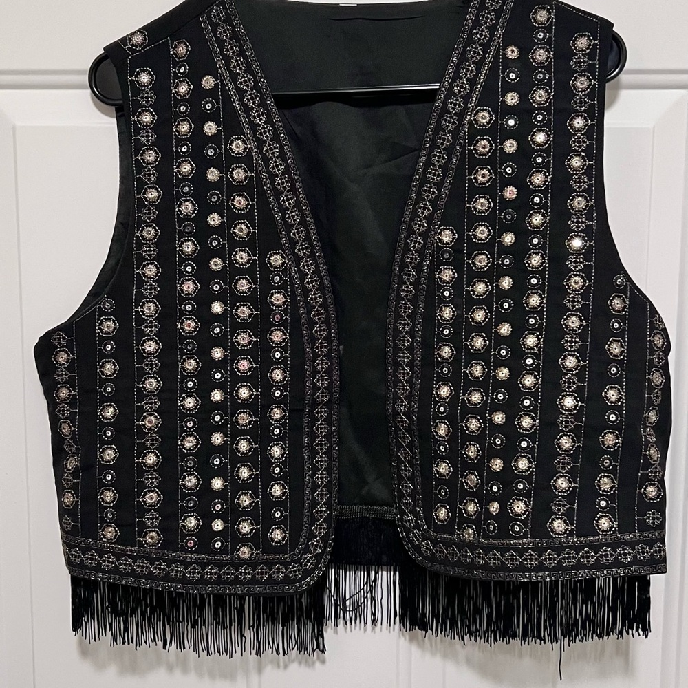 Black Sequin Embroidered Fringe Vest Medium